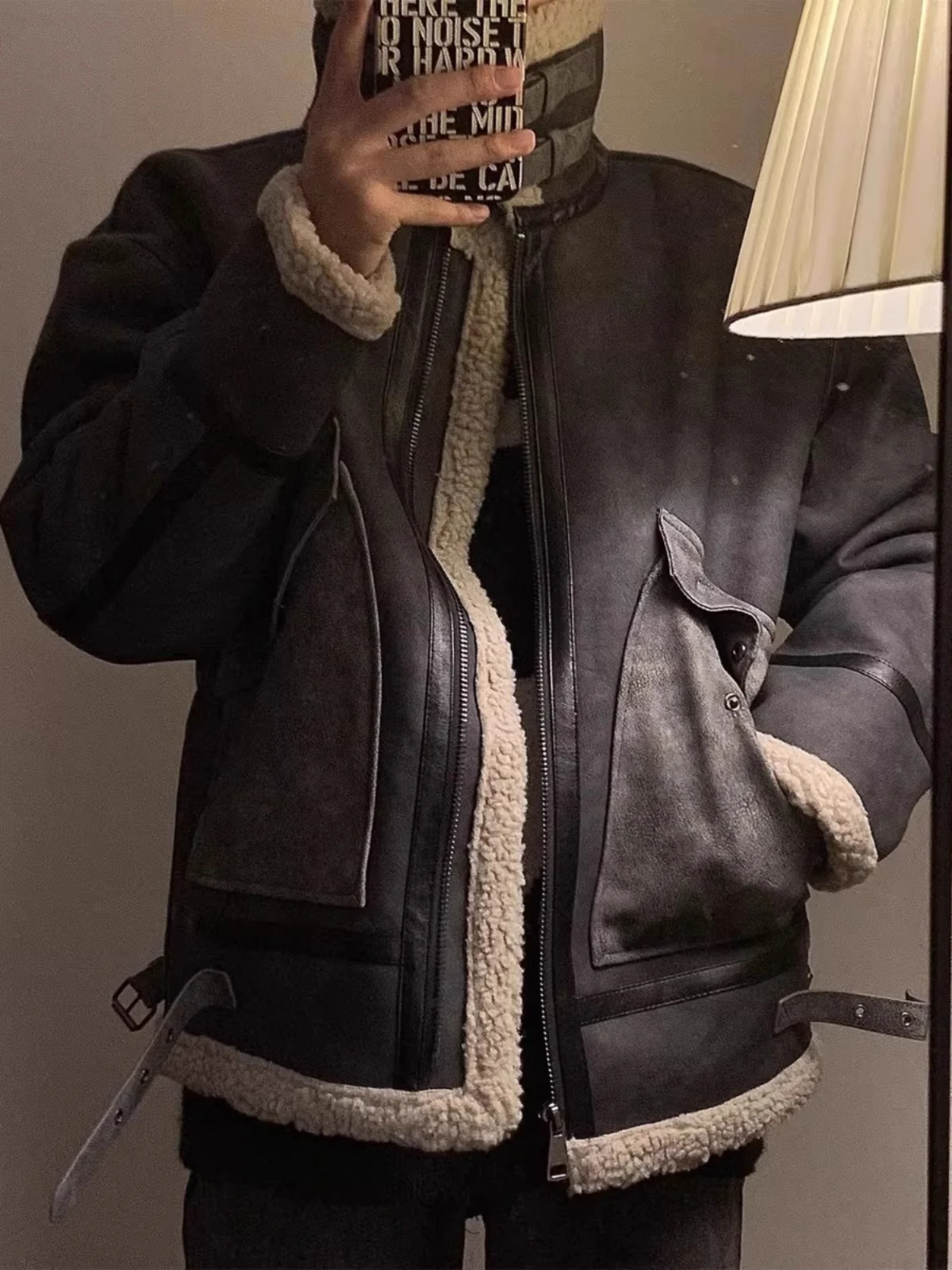 

Thiened Large Size Stand Collar Suede Jaet Men's Retro Loose Lamb Fur Biker Leather Coat Warmth Youth Daily Wear Zipper C...