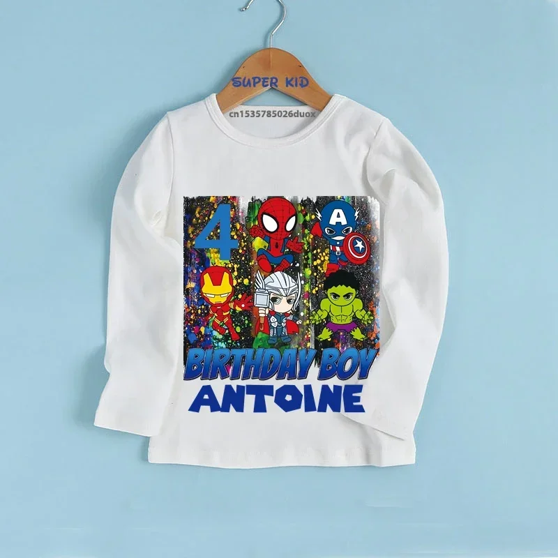 Boy 2 3 4 5 6 7 8 9 Birthday Marvel SuperHero Long Sleeve T-shirt Autumn Avengers Personalize Name Birthday Bottoming Boys Tops