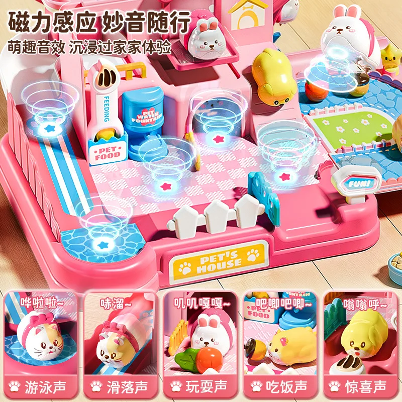 Kids Magnetic Pet Villa Playset Electric Crawl Animal Figures Sound Induction Interactive Pretend Toy