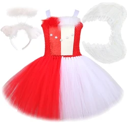 Red White Angels & Demons Costumes for Girls Kids Halloween Tutu Dress with Wings Evil Devil Cosplay Outfits Children Clothes