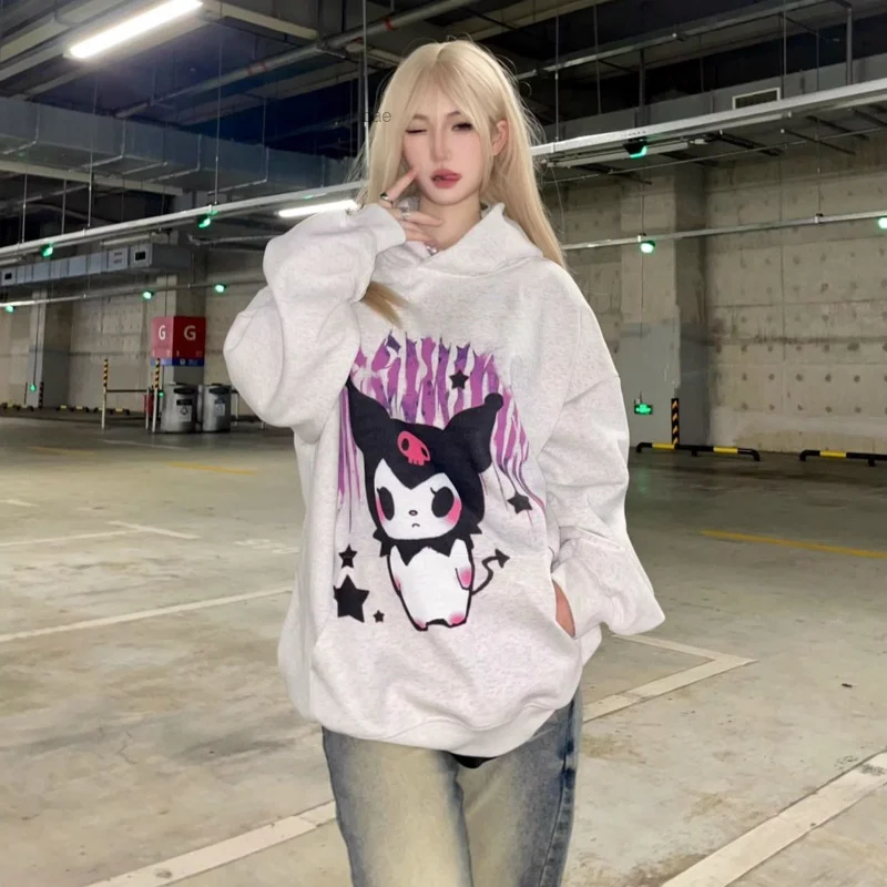 Bluza z kapturem z nadrukiem Sanrio Kuromi Yk2 młodzik odzież damska jesień i zima nowa Oversize Hip Hop bluza w stylu Harajuku para