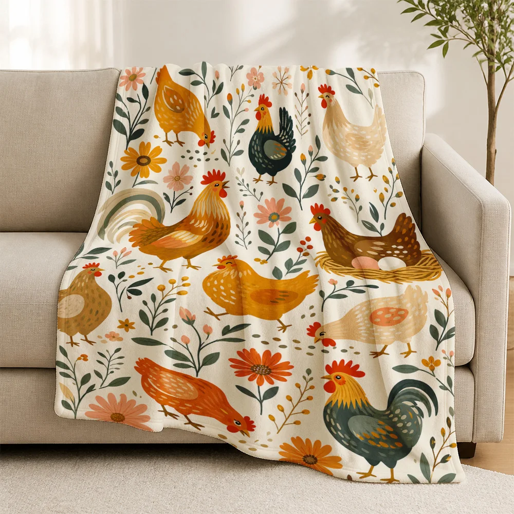 Cute Chicken Print Farmhouse Throw Blanket Cottage Decor Floral Pattern Sofa Throw Living Room Cozy Naptime Plush Washable Gift