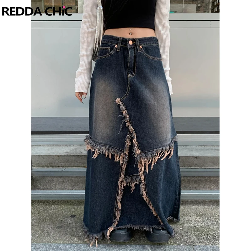 

REDDACHiC Tall Girl Fringe Star Long Jeans Skirt High Rise A-line Patchwork Retro Y2k Women's Denim Maxi Skirt Korean Streewear