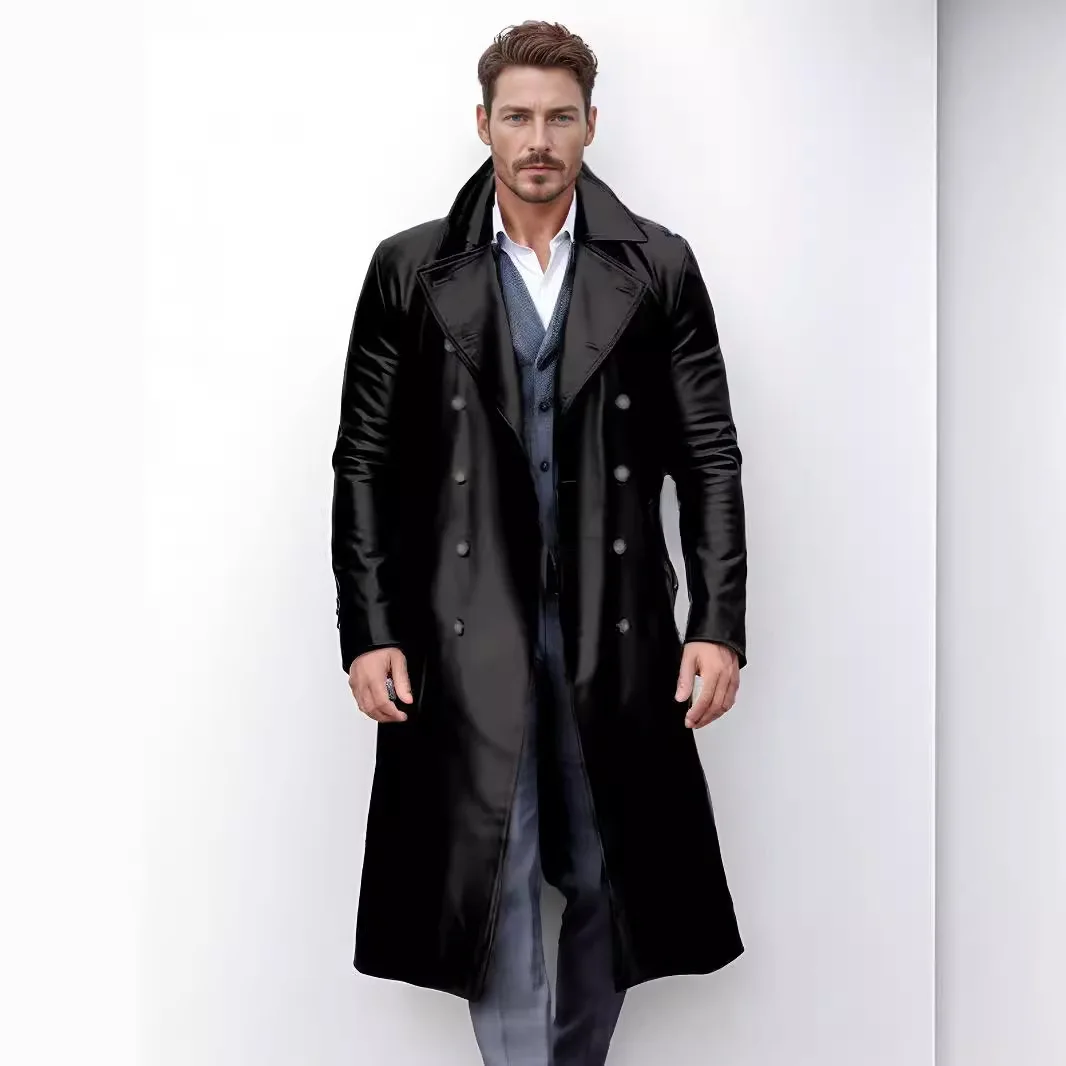 

Spring and Autumn Men's PU Leather Coat Large Size Medium Long Leather Windbreaker Double Row Buckle Leather Coat