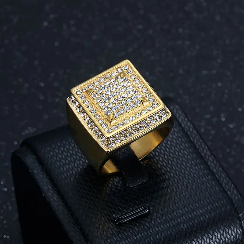 HIP hop Signet Ring for Men, gold color Square Top Stainless Steel rhinestone Finger Band, Gothic Punk Rock Boy Stamp Rings
