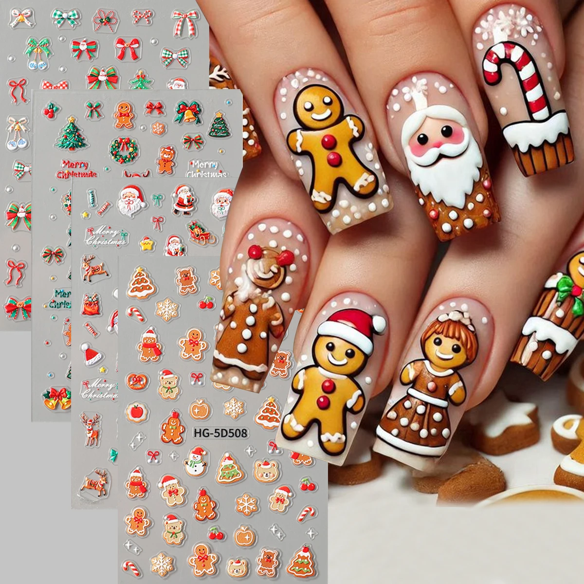 5D Embossed Cartoon Gingerbread Man Nail Stickers Cute Santa Adhesive Sliders for Nails Christmas Tree Biscuit Bow Nail Supplies