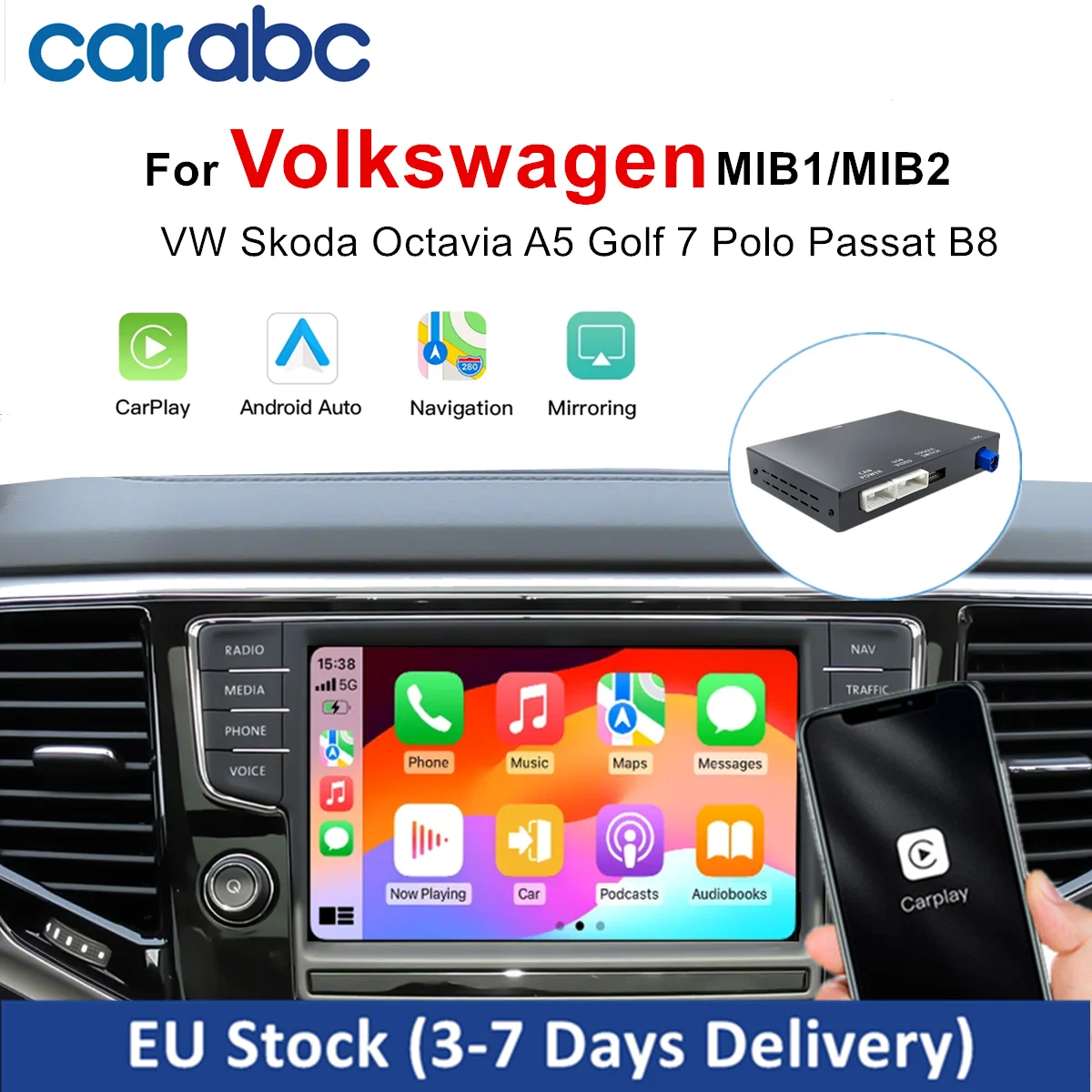 CARABC Wireless Carplay Android Auto Airplay Autolink pour VW Volkswagen Skoda Octavia A5 Golf 7 Polo Passat B8 MIB1/MIB2