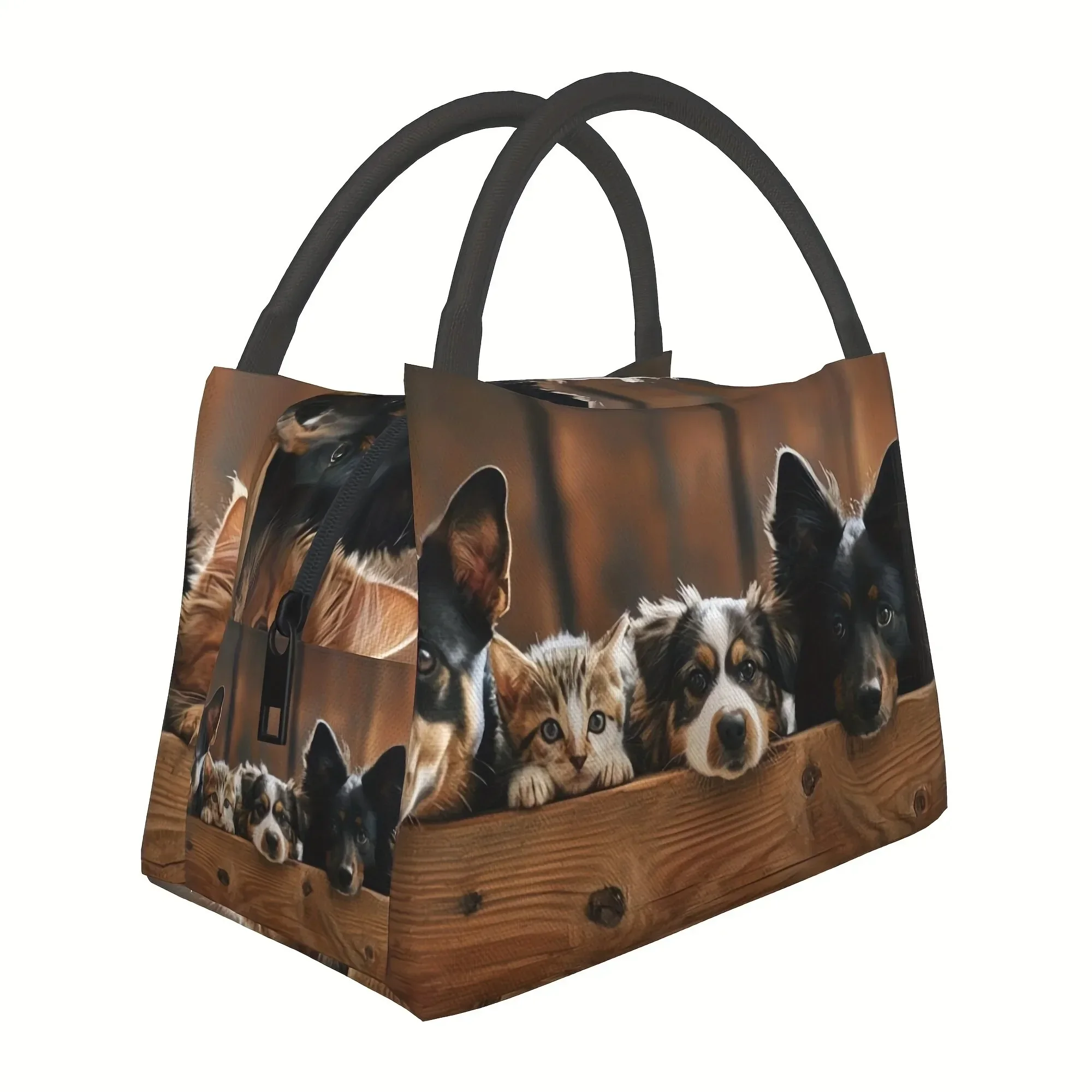 Cute Puppy And Kitten Cooler Bag Adorable Pet Print Lunch Tote Insulated Picnic Bag
