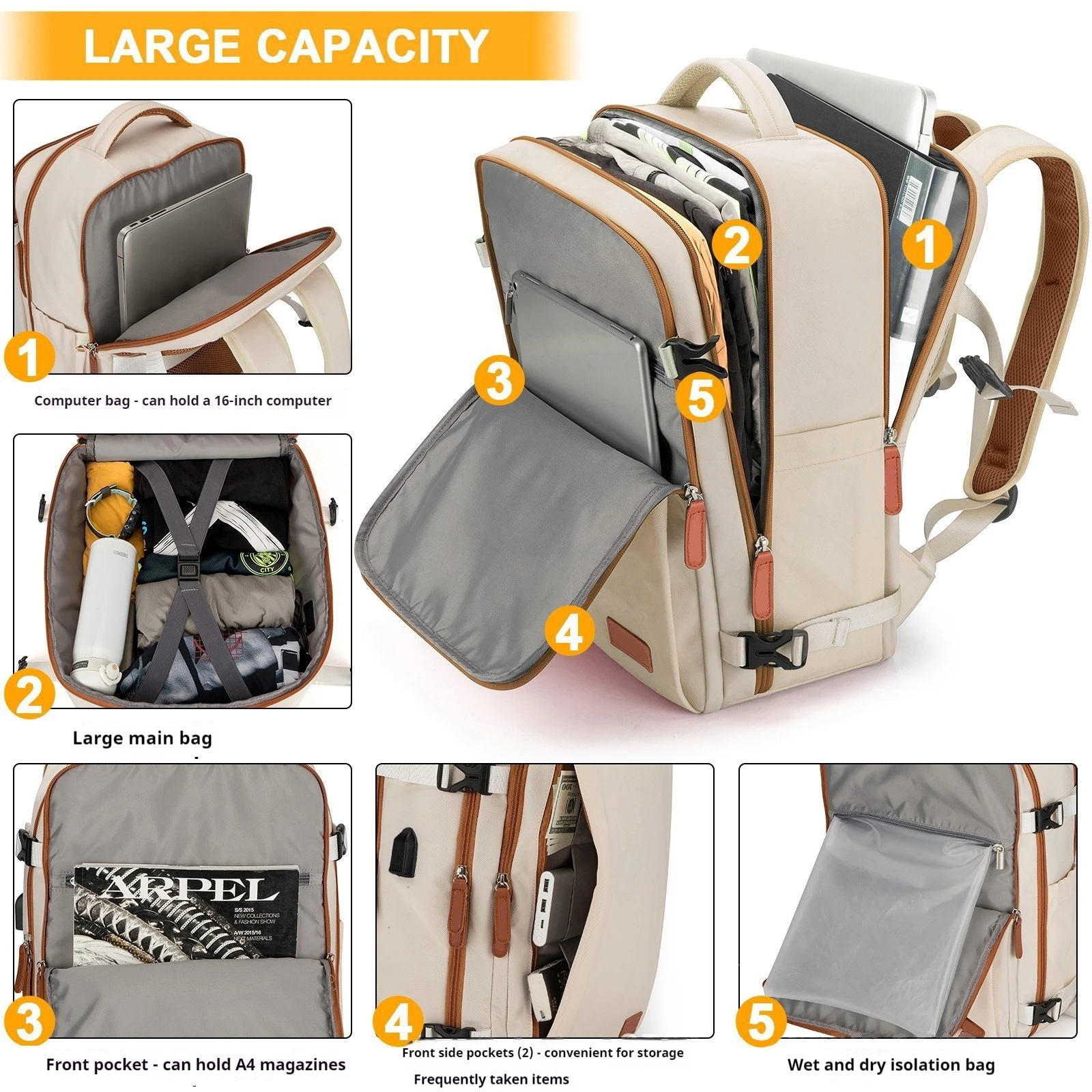 Large-capacity travel backpack with laptop compartment, shoe storage - nylon sporty style with pleated stitching, adjustable sho