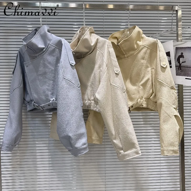 

Spring New Fashion Retro Hot Girl Stand Collar Cuffed Lychee Grain Pu Leather Jacket Long Sleeve Elegant Leather Coat Women