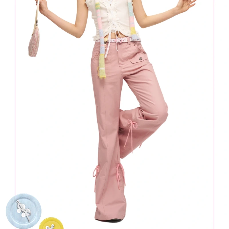 Spring Summer Ladies Retro Drawstring Flared Trousers Women's Overalls Versatile Thin Cool Casual Loose Wide-leg Pants Grils