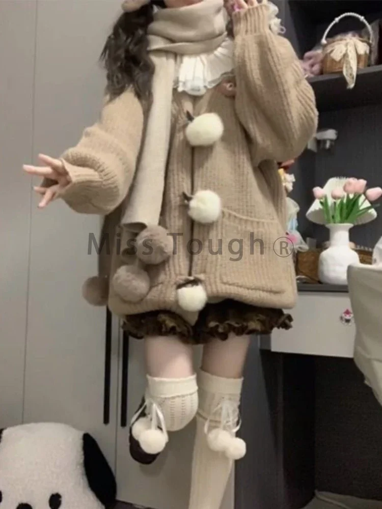 Winter France Vintage Loose 2-piece Set Women Fashion Cute Solid Long Sleeve Knit Sweater + High Waist Ruffle Thin Skirt Suit