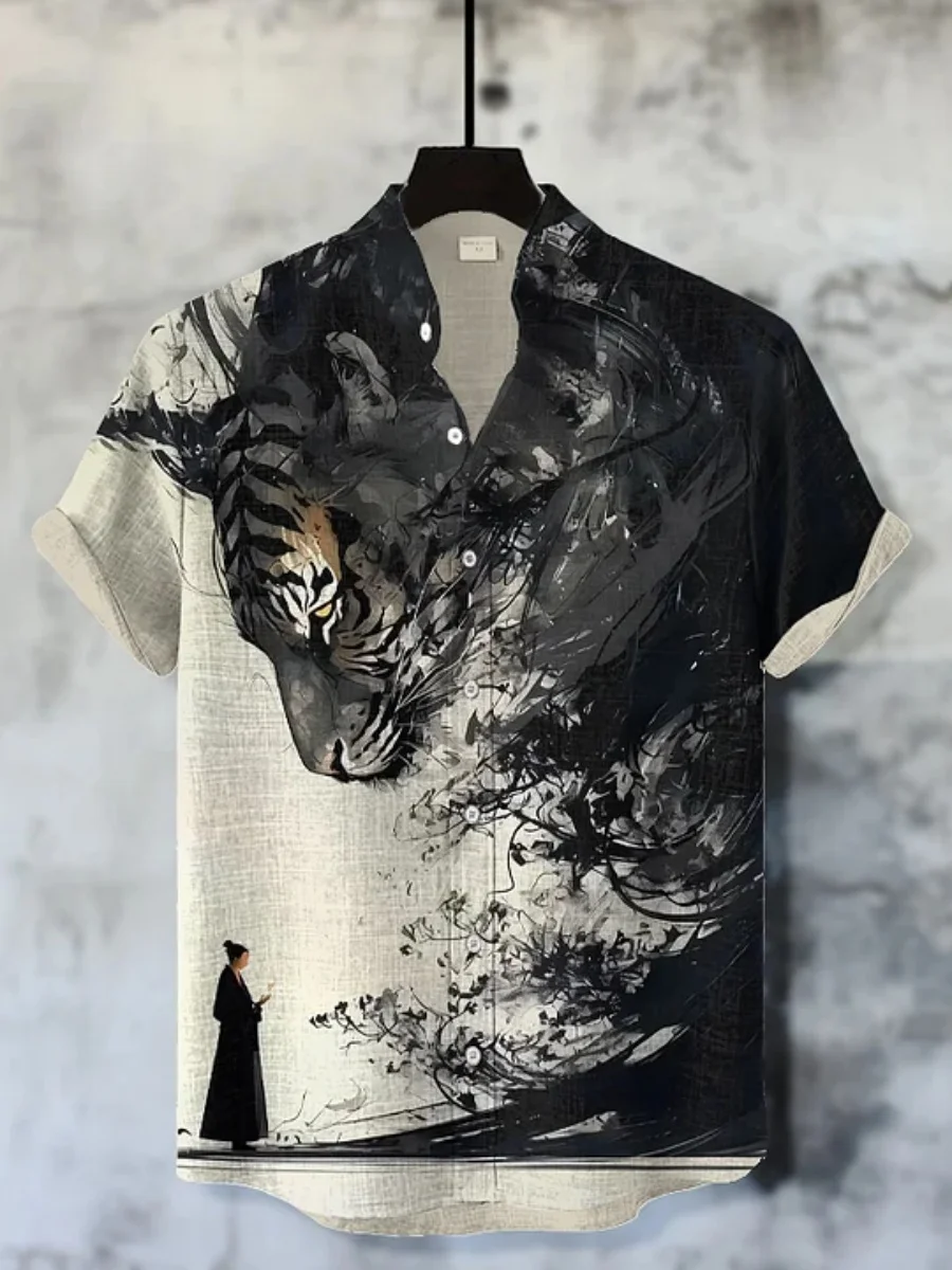 

Мужская рубашка с короткими рукавами и принтом тигра в стиле акварели, свободная повседневная мужская рубашка в стиле ретро в китайском стиле, гавайский мужской топ для отдыха