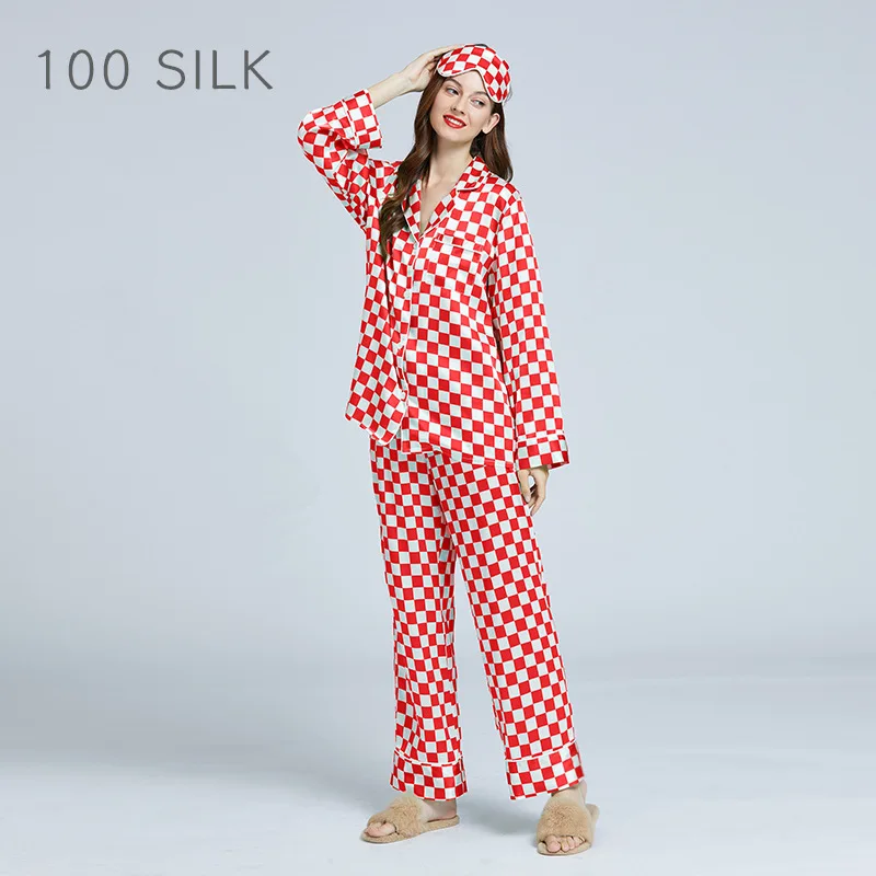 Long Sleeve 19 Momme 100% Mulberry Silk Pajamas Casual Night Wear Women's Plaid Printed Pajama Set Silk Femme Casual Homewear