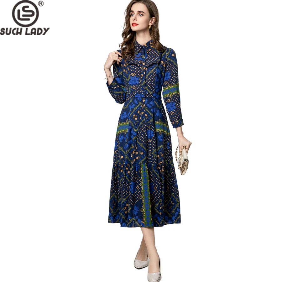 

Women's Dresses Turn Down Collar Wrist Sleeves Floral Printed High Street Casual Vestidos