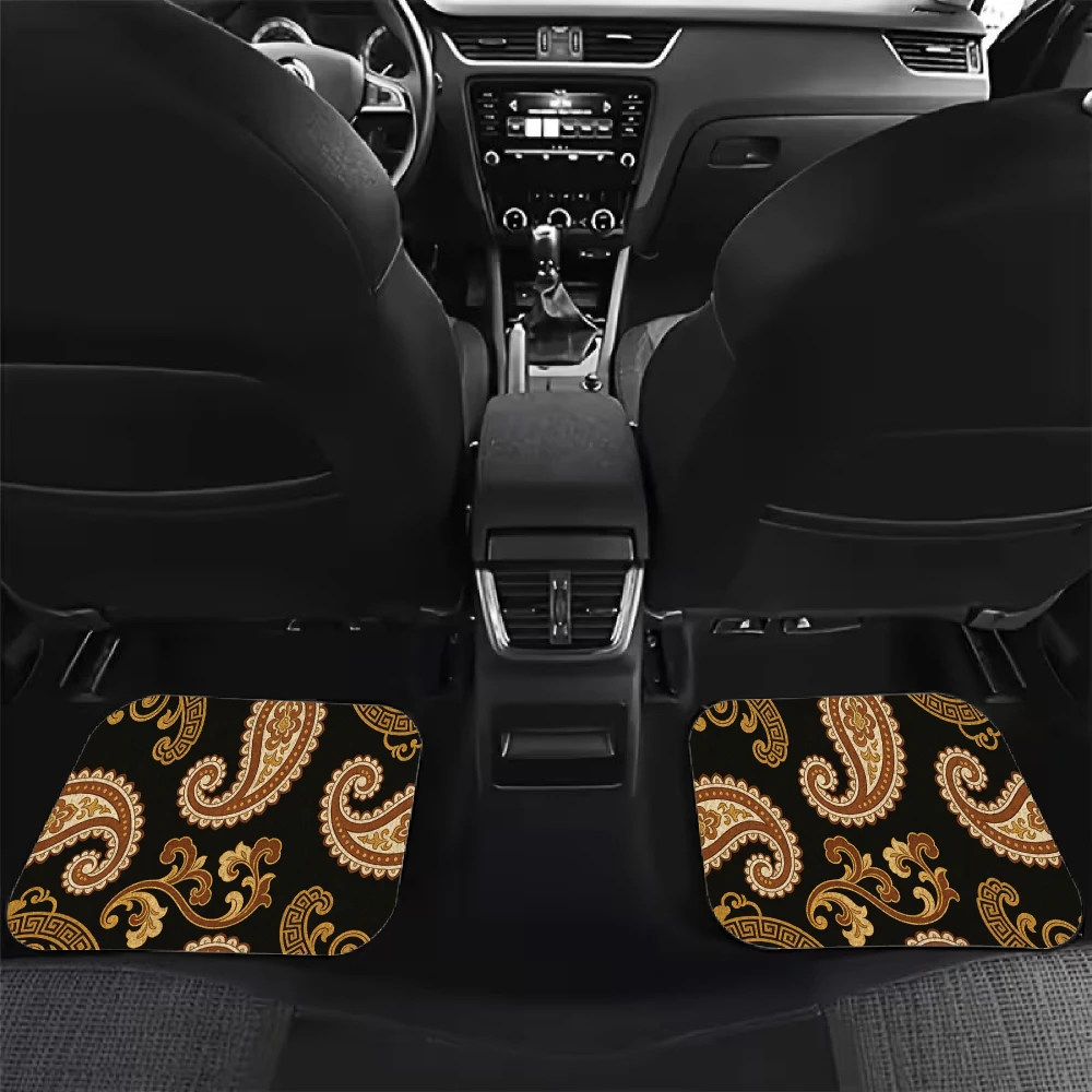 Golden Paisley Pattern Car Floor Mats, Crystal Velvet Material, 4pcs Car Floor Mats Including 1 Trunk Mat, Travel Additions, Fun