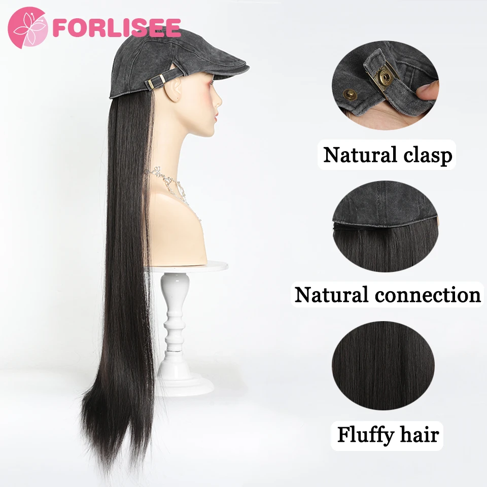 Chapéu preto denim com peruca para mulheres, sintético, cabelo liso longo, removível, ajustável, na moda, verão, 1 pc