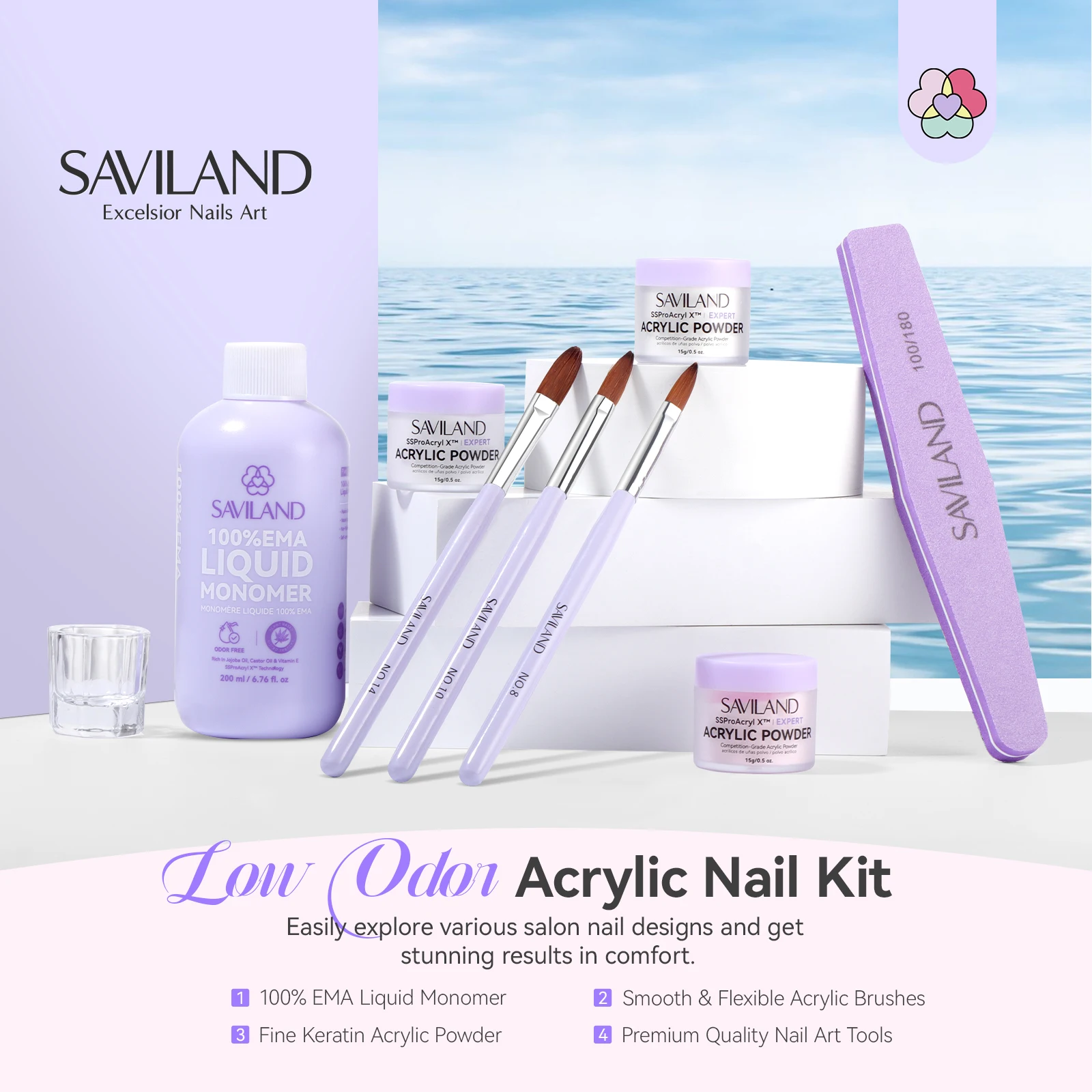 مجموعة أظافر أكريليك احترافية من SAVILAND مع مسحوق شفاف سائل أبيض ووردي سعة 200 مل مقاس 8 10 14 أشكال فرش للنحت ثلاثي الأبعاد #2