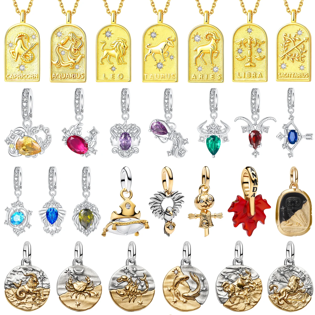 Hot Selling Vintage 925 Sterling Silver Lucky Disc Zodiac Maple Leaf Scarecrow Owl Pendants Bracelet Necklace DIY Jewelry Gift