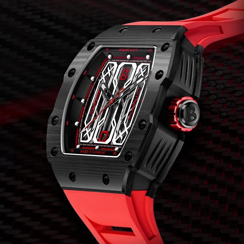 BONEST GATTI German Watch Carbon Fiber Men's Skeleton Automatic Mechanical Watch Fashion Luxury Tonneau Explorer Series Sports
