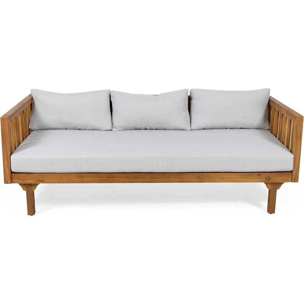 

Outdoor 3 Seater Acacia Wood Daybed, Teak Finish, 32.25"D x 67.75"W x 24"H, Light Grey