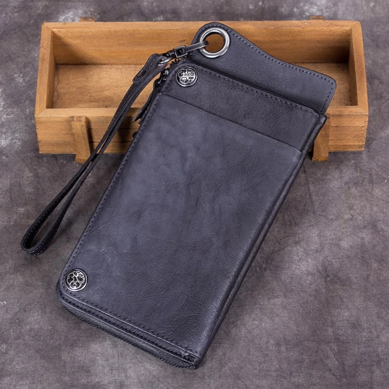 Retro handmade Leather Men\'s wallet men first layer cowhide card holder long wallets male zipper purses simple thin 2020 new