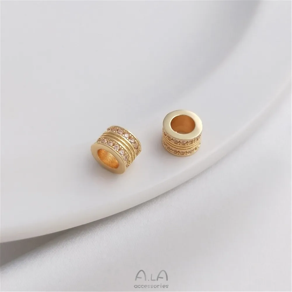 14K Màu Vàng Micro-Dát Zircon Big Hole Lu Tong Vận Chuyển Hạt Mặt Dây Chuyền Hạt Tự Làm Xương Đòn Chuỗi Vòng Cổ mặt Dây Chuyền