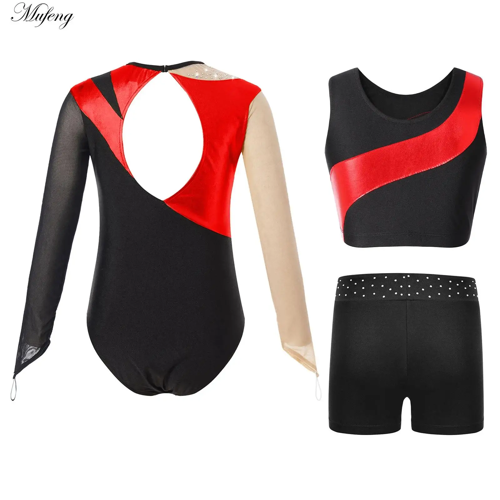 

Детский комбинезон для художественной гимнастики для девочек, купальник для балета и танцев с длинными рукавами и укороченным топом + шорты, одежда для фигурного катания, йоги, танцевальная одежда