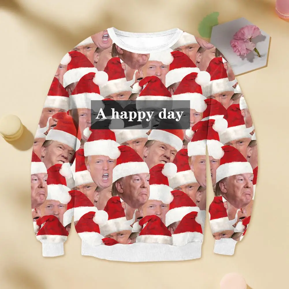 

Long Sleeve Pullover 2024 Trump Christmas Party Sweatshirt with Santa Hat Face Expression Proud Supporter Winter for Trump