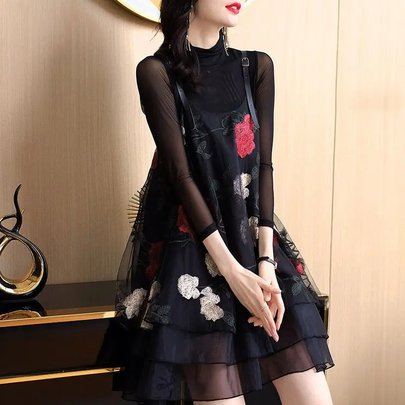 Vintage Stylish Floral Embroidery Dresses Spring Autumn Two Piece Set Female Clothing Gauze Patchwork A-Line Slip Mini Dress New