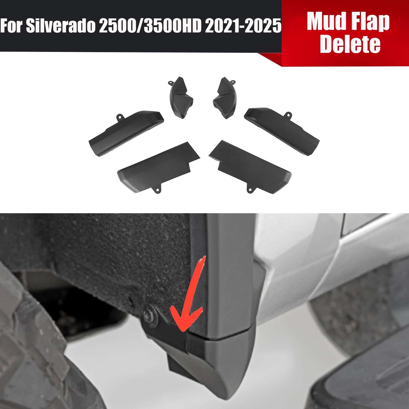 

For Silverado 2500/3500HD 2021 2022-2025 6PCS Mud Flap Delete Mudguards Auto Accessories Body Kits ABS Plastic Replacement