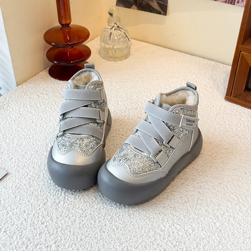 Children's Cotton Boots 3-18 Years Old Sequins Padded Thickened Boys Girls Cotton Shoes Purple Soft Non-slip Kids Snow Boots