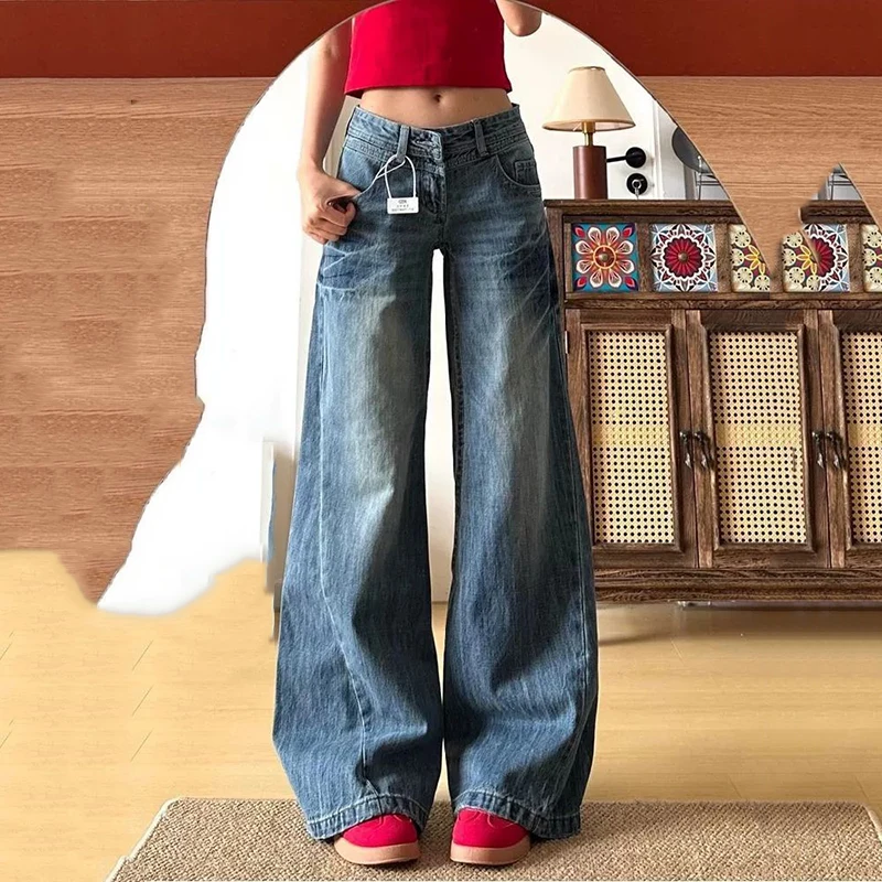 Coreano vintage cintura baixa jeans feminino streetwear perna larga calças jeans retas mulher 2026 primavera novas calças jeans soltas femininas