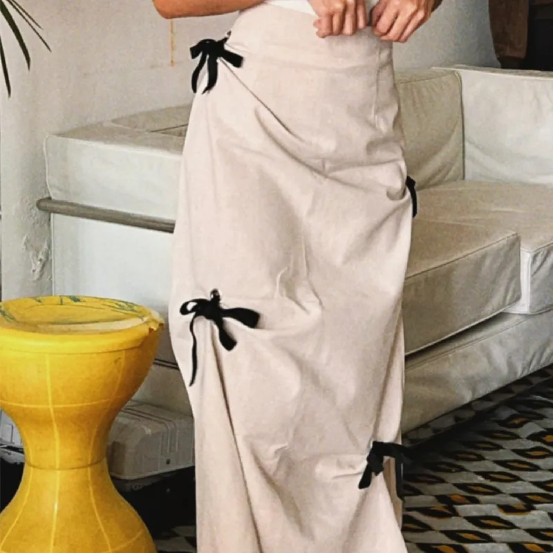 DSMTRC Female Solid Elegant Street Falda Midi Mujer Women Autumn Casual High Waist Skirts Bow Sweet Style Long Skirt Fashion