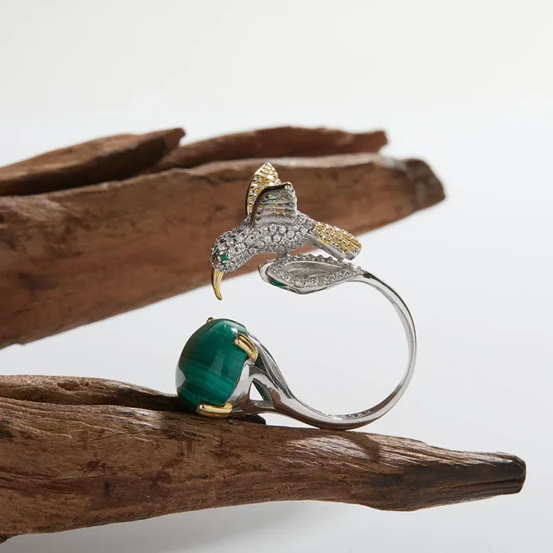 S925 sterling silver inlaid with natural malachite colored treasure ring women's fashion personality trendy bird design
