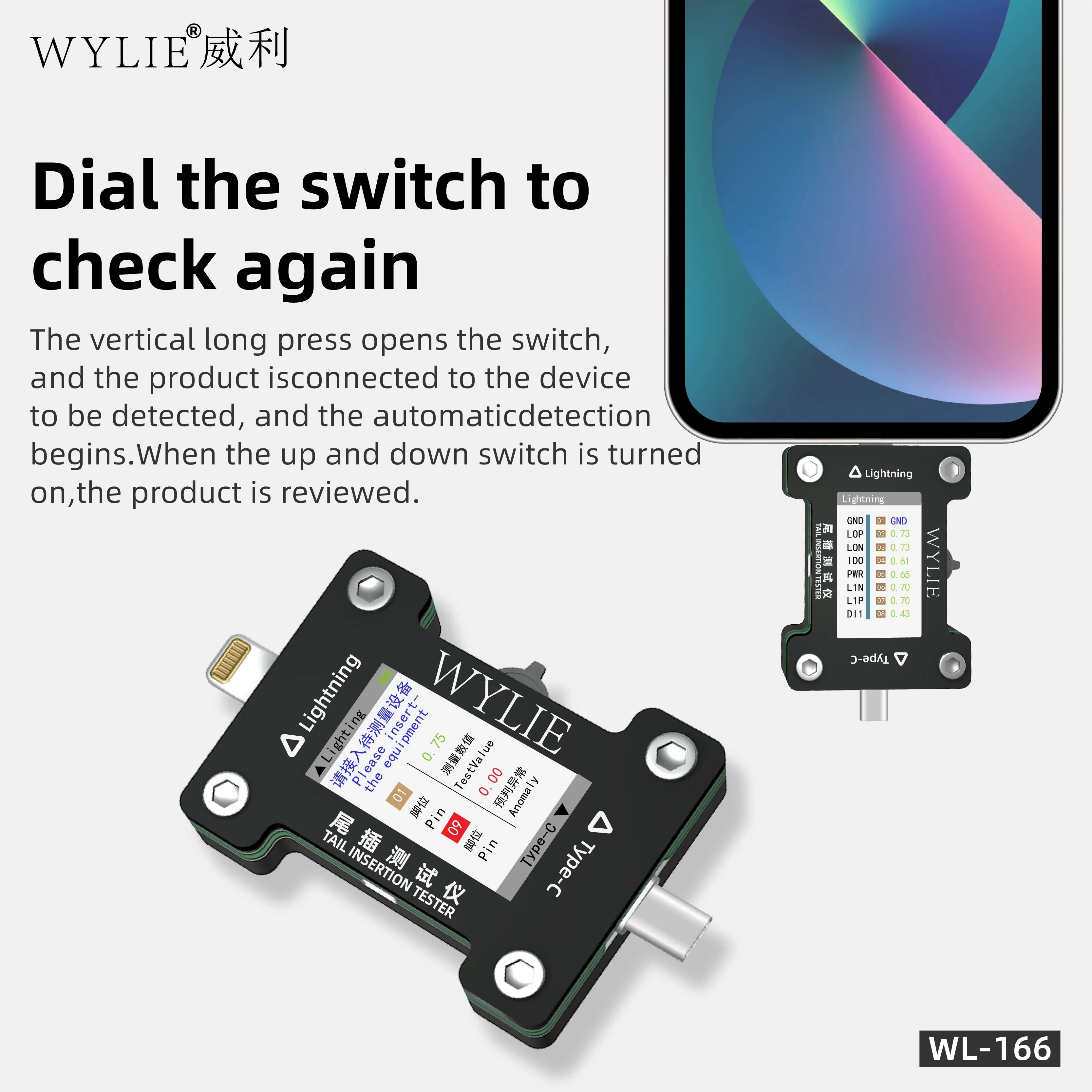 WYLIE WL-166 Tail Insertion Tester Lightning/Type-C Port Tester For iPhone/Android Auto Fault Detection HD Display Repair Tools