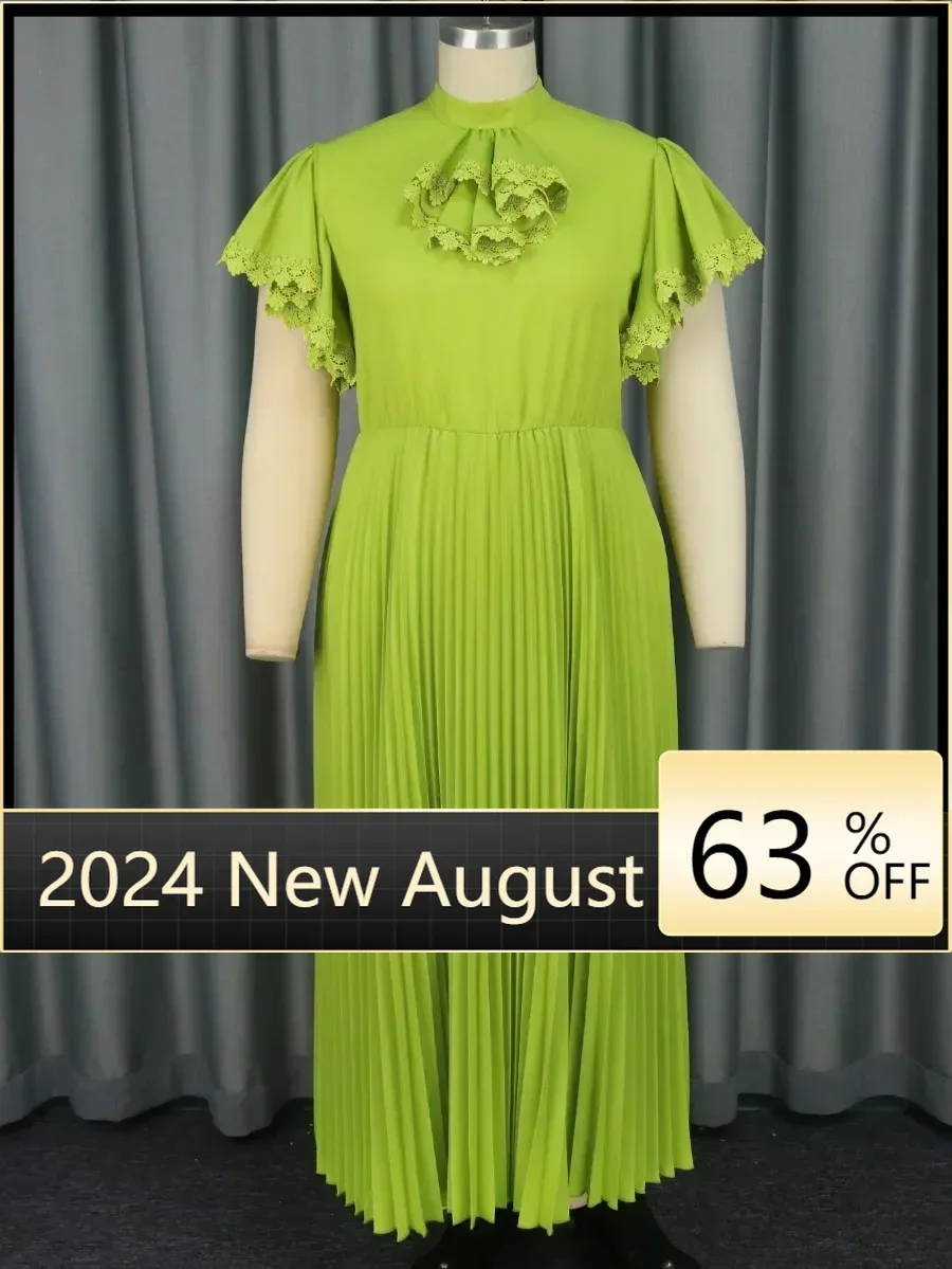 

Elegant Church Dresses for Women Green Pleated Party High Collar Bowtie Short Butterfly Sleeve Long A-Line Modest Gowns African