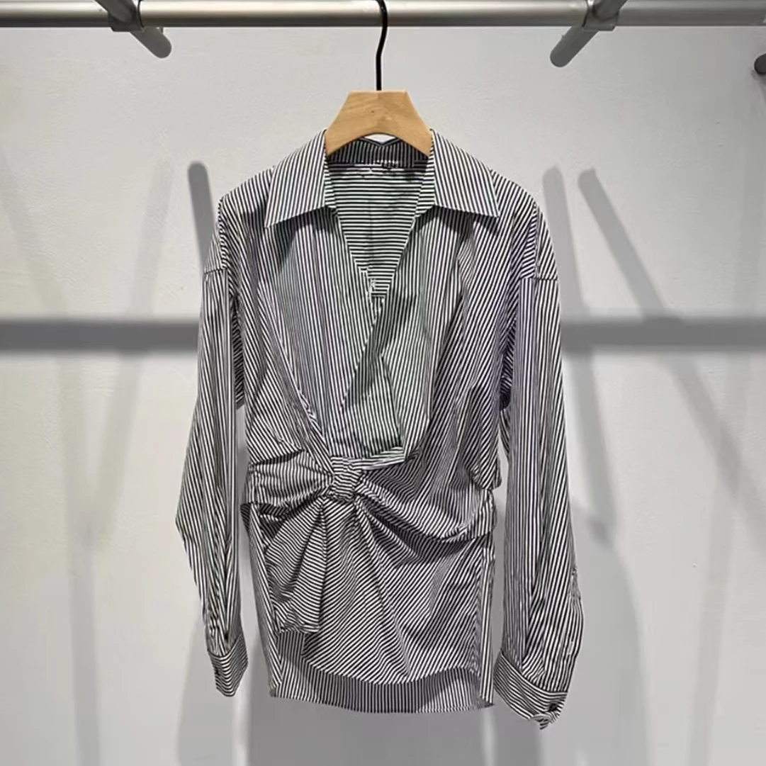 

Faionable Casual Asymmetric Pleated Striped irt Women's Premium Autumn Winter New Arrival Loose Fit Long Sve irt