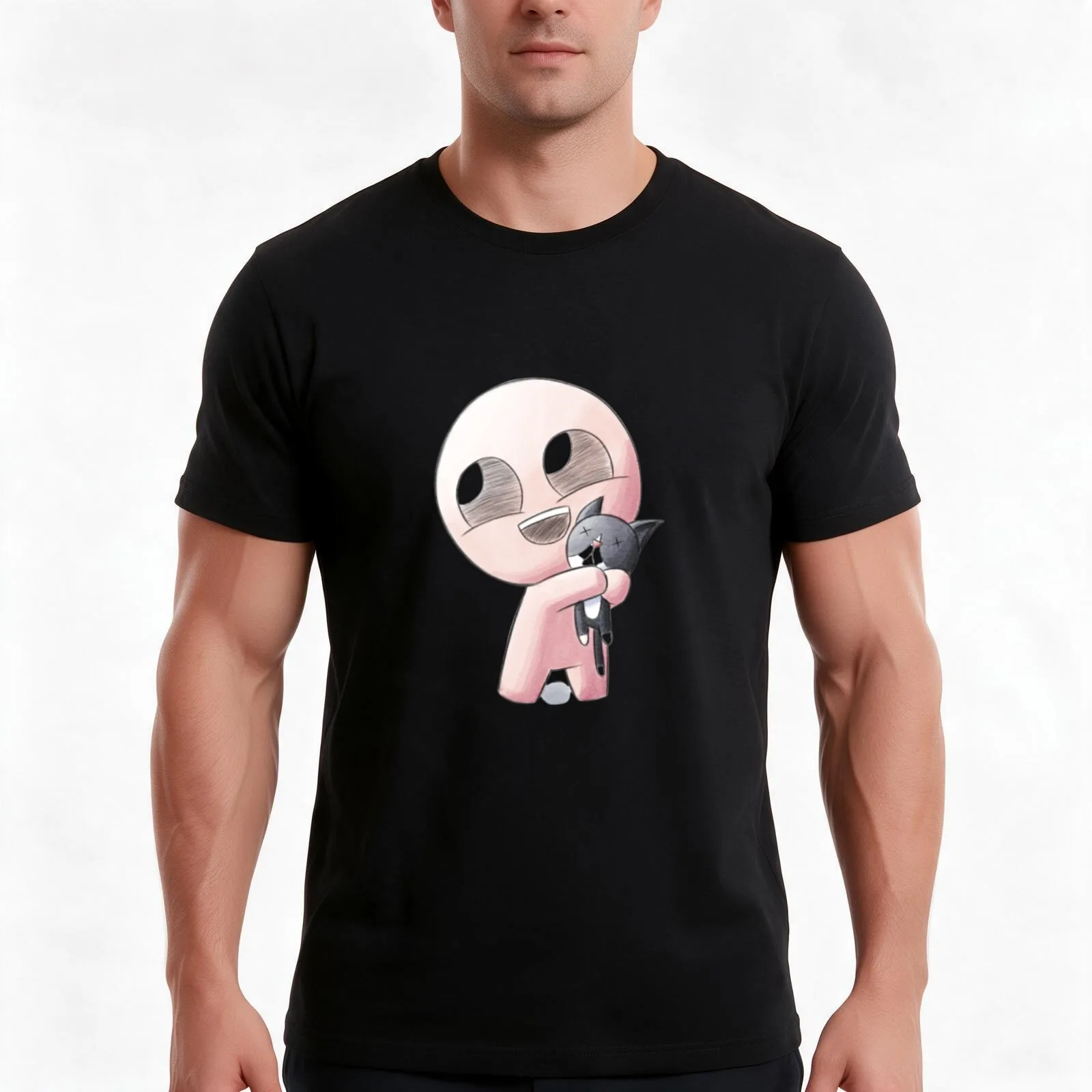 isaac cat T-Shirt, Summer Casual Cotton Tee, Oversized Streetwear Tops, Vintage Graphic Print, Loose Fit Short Sleeve