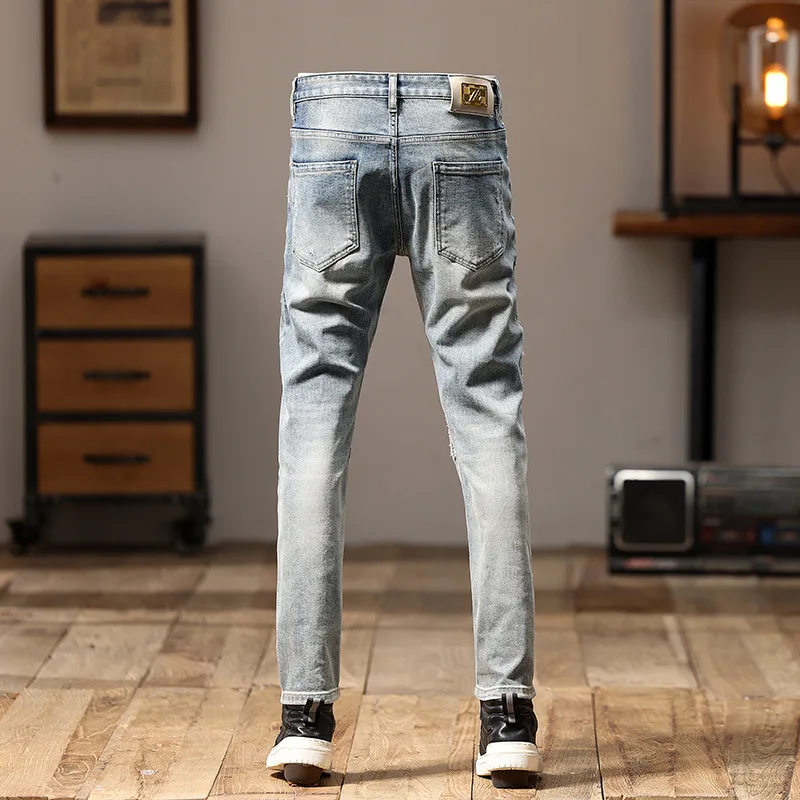 Jeans Retro Nostálgico dos homens, Costura Patchwork, Rua Slim Fit, Magro, Bordado Ruan, Bonito Calças De Personalidade