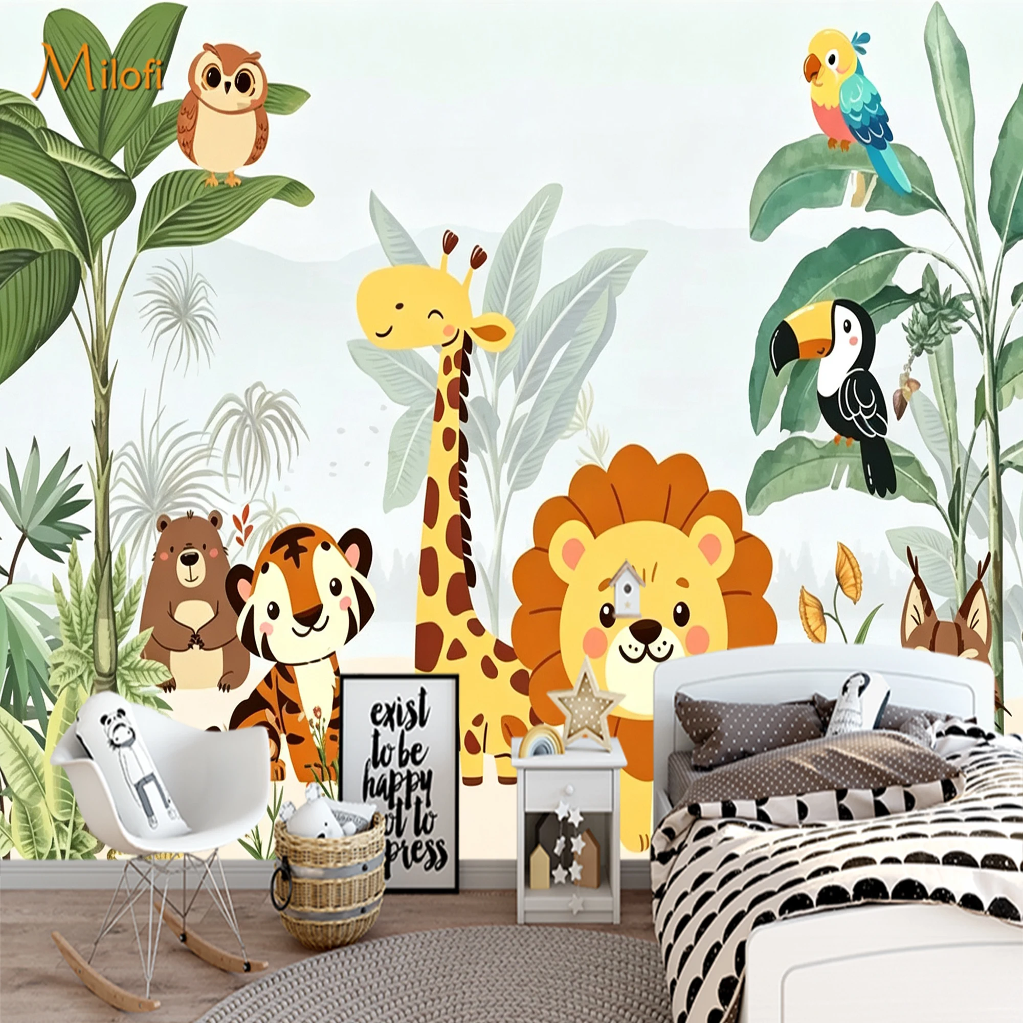Custom Mural Wallpaper Cartoon Jungle Safari Animals Wall Mural, Lion Giraffe Tiger Tropical Leaves Wall Decor for Kids Nursery