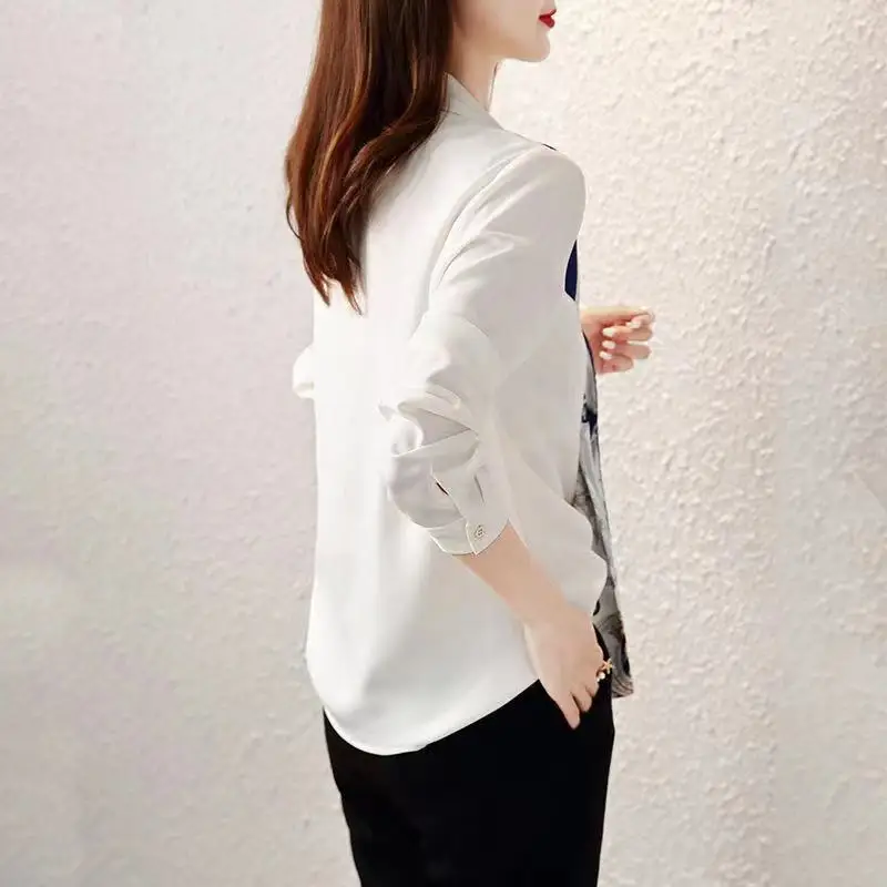 White Patchwork Printing Office Blouse Spring Autumn New Long Sleeve Solid Temperament Shirt Tops Fashion Elegant Women Clothing