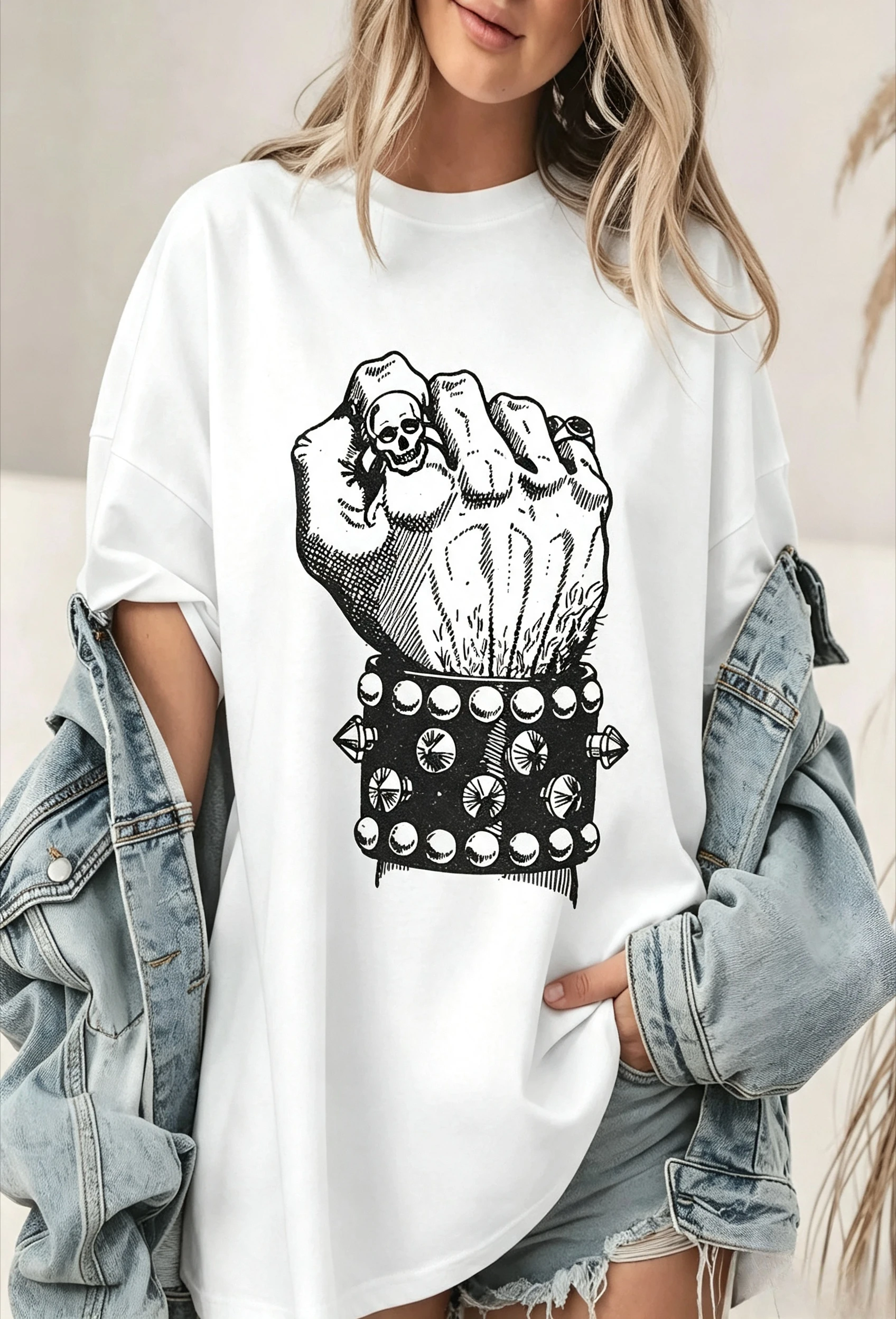 Women's Short Sleeve T‑shirt Retro Punk Fist with Skull Spiked Cuff Print Daily Street Outfit Gothic Rock Tops Women Clothing
