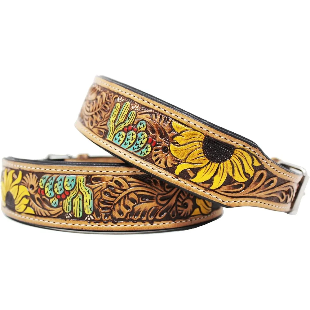 Handcrafted Leather Dog Collar with Padding, 17-21 Inches, Tooled Design for Medium Dogs
