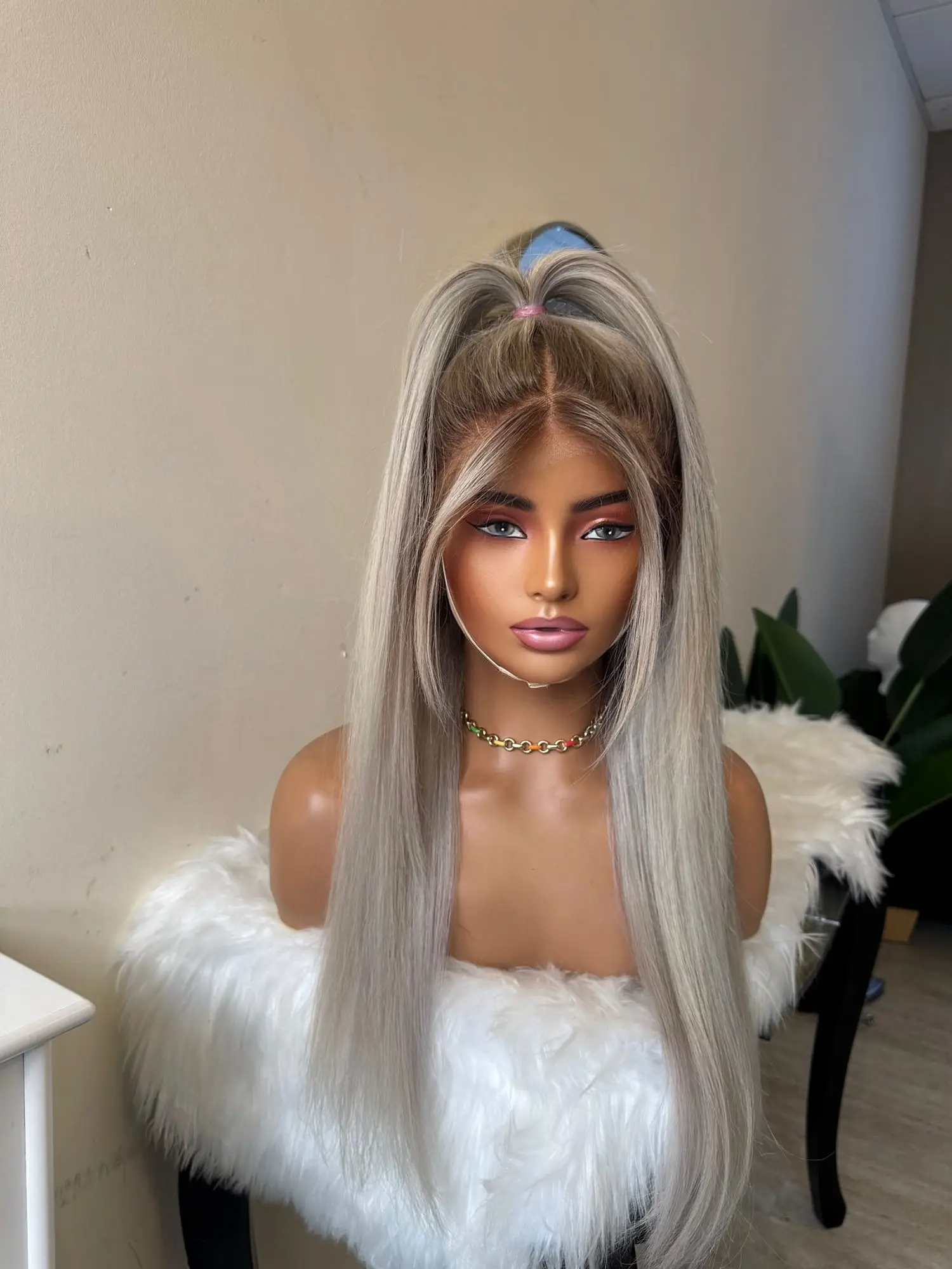 الجزء الأوسط أومبير رمادي شقراء فاخرة الاصطناعية الدانتيل شعر مستعار أمامي طويل طبيعي مستقيم شعر مستعار عالية الجودة المرأة على التخليص #2