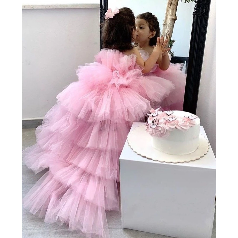 Luxury Birthday Dress for Girls Strapless Tiered Tulle High Low Princess Dress Kids Clothes Girls Wedding Flower Girl Dress