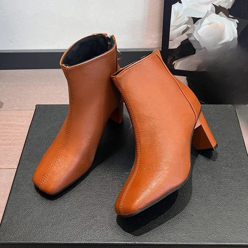 

Fashion Square Toe Rear Zipper Non-Slip Wear-Resistant Block Heel Shoes Fleece Warm Booties
