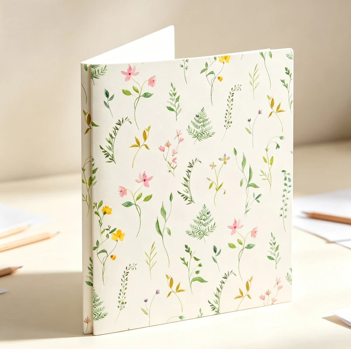 Cream Pressed Botanicals 2 Pocket Plastic Folder, Aesthetic Watercolor Floral Portfolio, 3 Hole Punched Cute Document Organizer for School Office Stationery Supplies