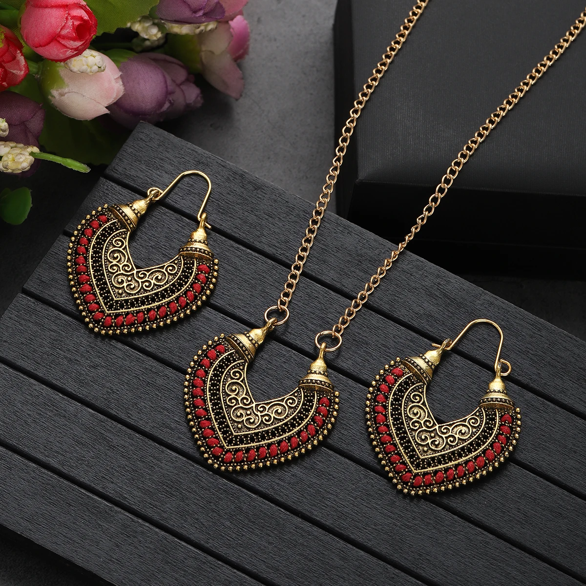 Vintage Ethnic Gold Color Drop Earrings Necklace for Women Heart Shape Statement Earrings Bohemian Rope Wrap Jewelry bijoux