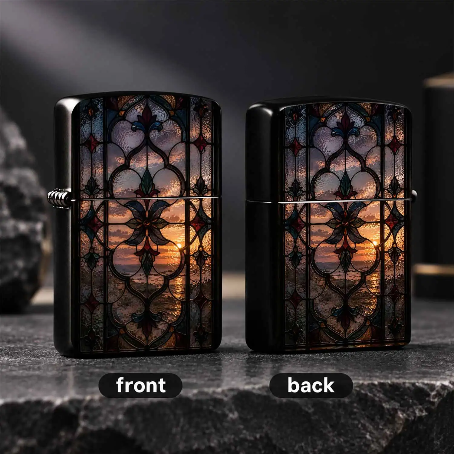 Vintage Stained Glass Pattern Lighter, Exquisite Sunset Seaview Decor Art Design, Portable Versatile Ignition Tool For Daily Commute Outdoor Trips, Aesthetic Creative Gift For Friends Family, Multi-Scenario Practical High-Grade Daily Use Ac